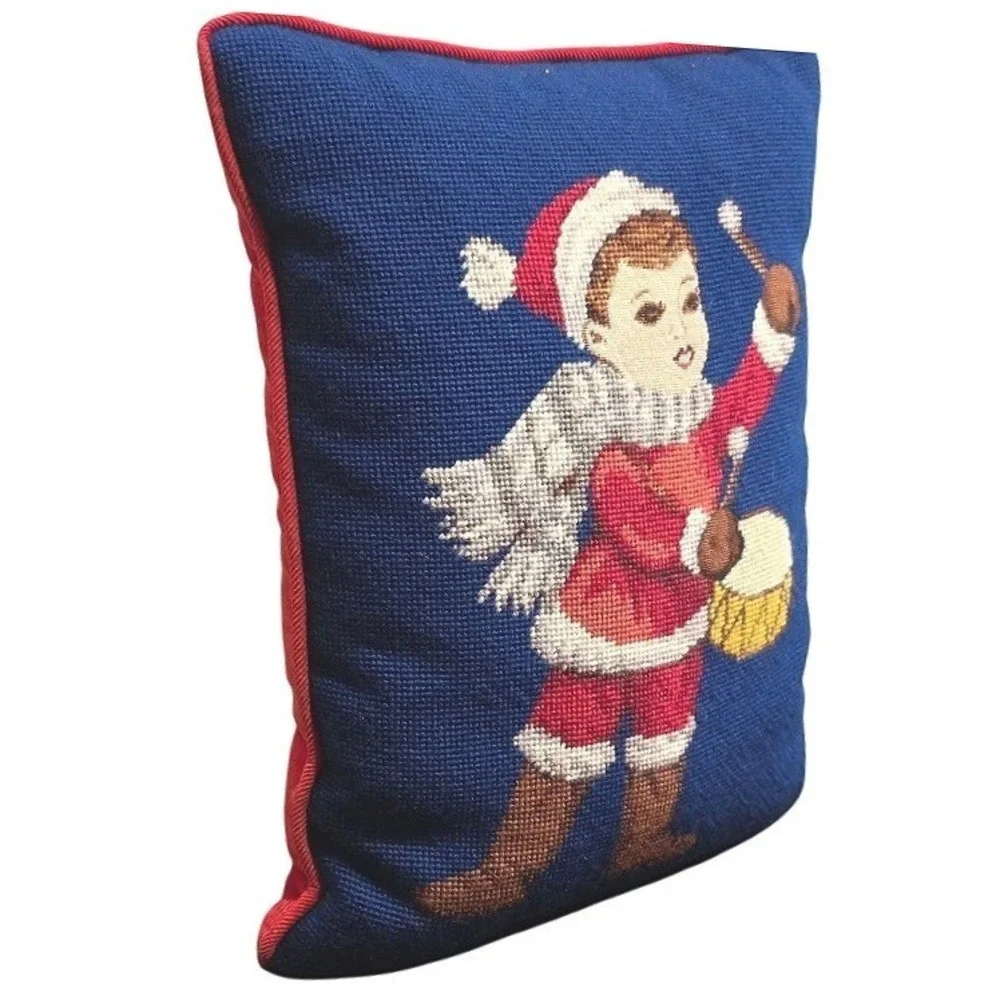 Vintage Christmas Needlepoint Throw Pillow, Little Drummer, Red Corduroy 15